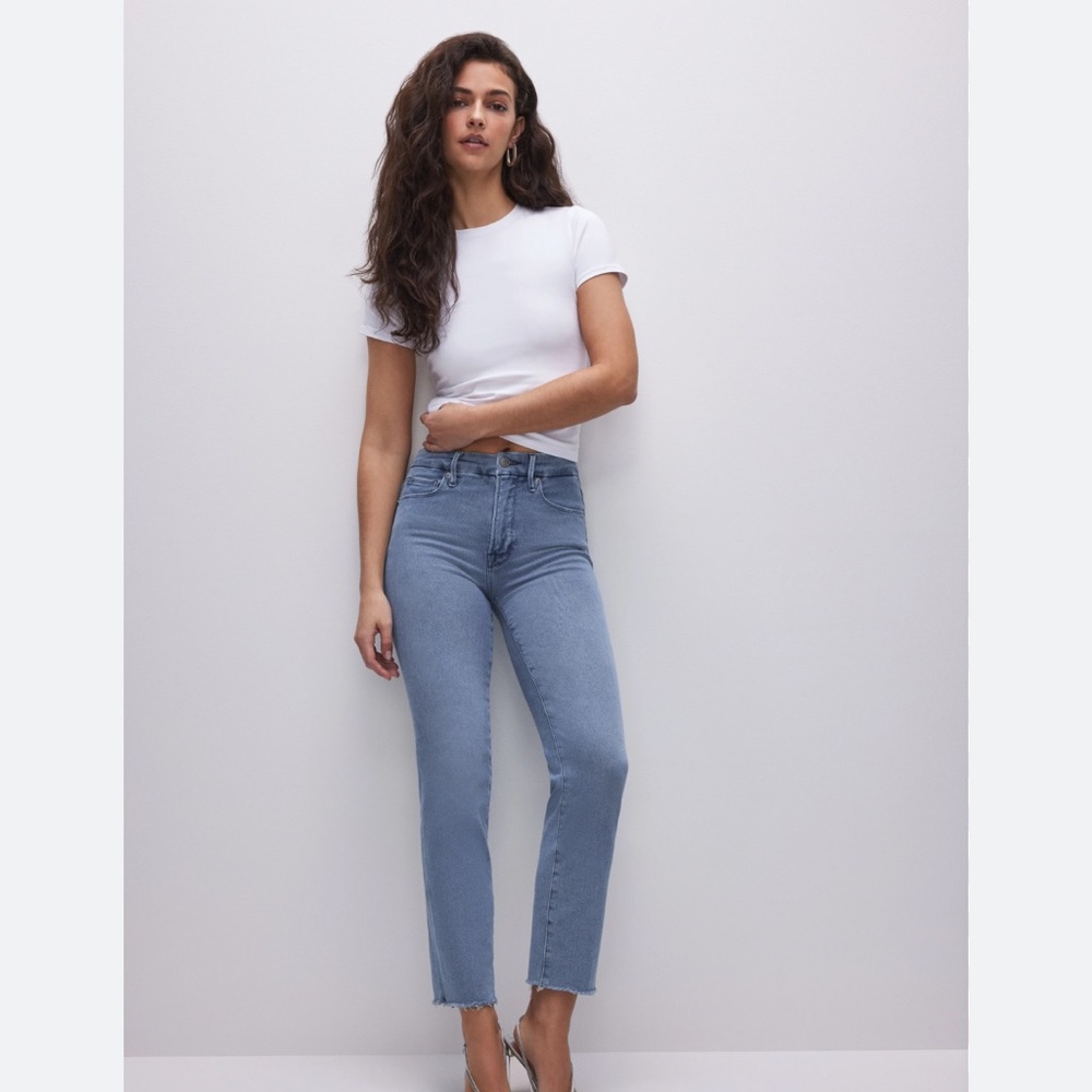 Womens Good American Style GSPFH941T Blue Frayed Hem Straight Jeans 12/31